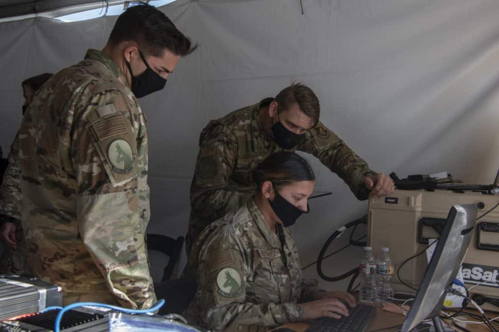 Air Force airmen monitor battlespace movements at a simulated austere base during the Advanced Battle Management System exercise at Nellis Air Force Base, Nev., Sept. 3, 2020.